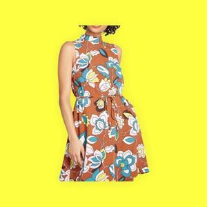 Modcloth In with excitement brown mock neck retro floral shift dress mini sz XXS